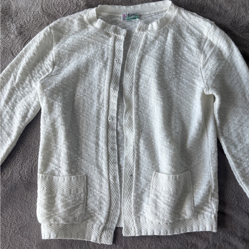 Vintage White Textured Knit Open Cardigan